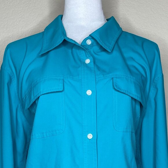 Coolibar UPF 50+ Turquoise Blue Vented Roll Tab Button Down Travel Shirt Top 2X - Picture 2 of 13
